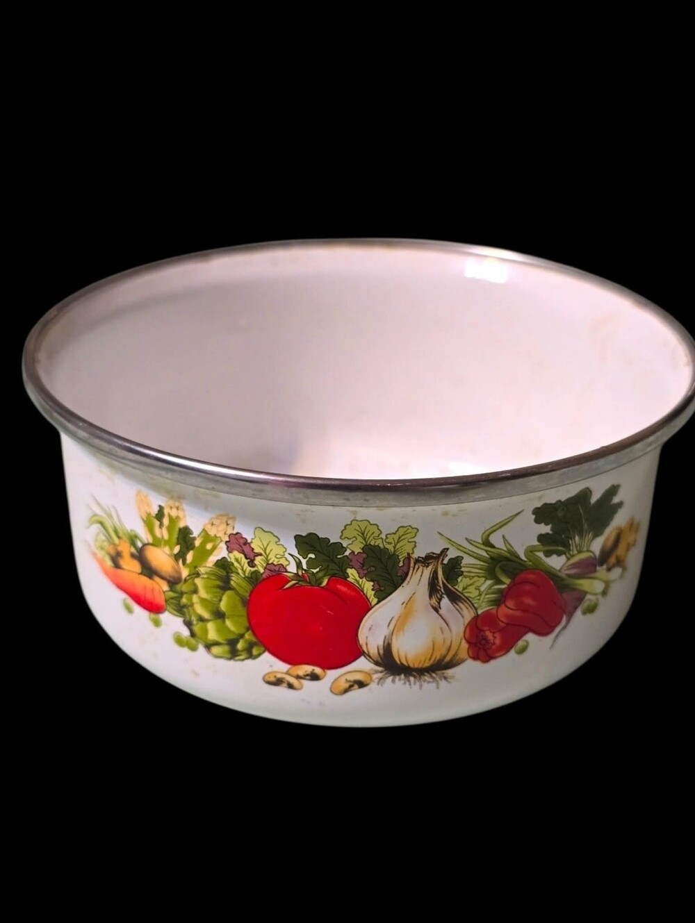 Vintage | Two White Enamel Vegetable Pattern Mixing Bowl